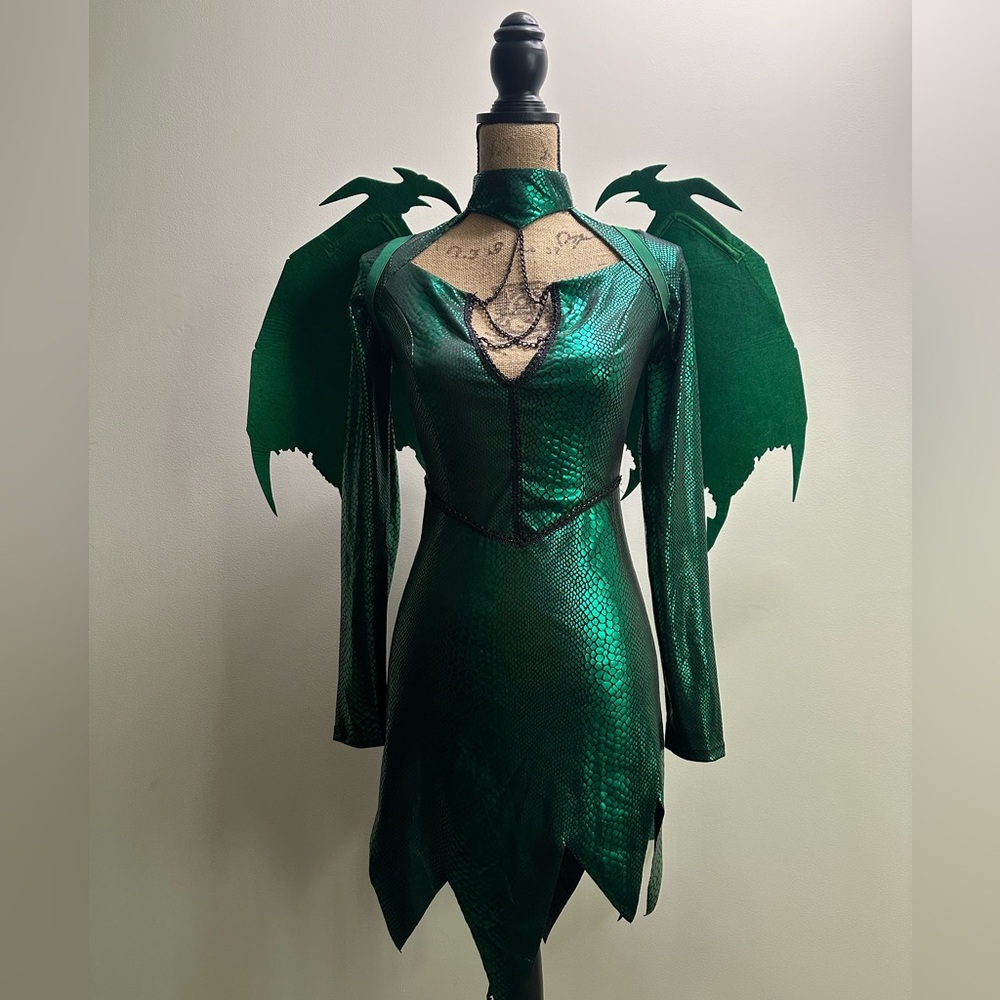 Green metallic dragon costume warn once!! Also come with dragon ears headband!!